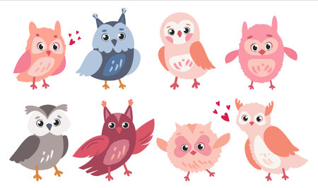 Set of funny owlets in cartoon style. Vector illustration of beautiful owls in pastel shades, different shapes, emotions with hearts isolated on a white background. Owls with big eyes and ears.のイラスト素材