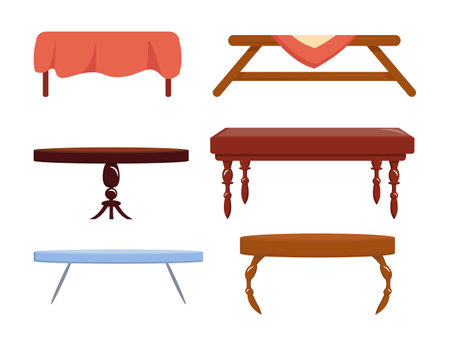 Set of beautiful tables in cartoon style. Vector illustration of wooden tables: round and rectangular, with tablecloths for different rooms isolated on white background. Magazine, office, home tables.のイラスト素材