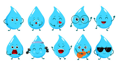 Set of funny droplet characters in cartoon style.Vector illustration of water droplets:hands on sides, crying, in love, wearing glasses, jumping, shouting, with dumbbells, happy, playing guitar, cool.のイラスト素材