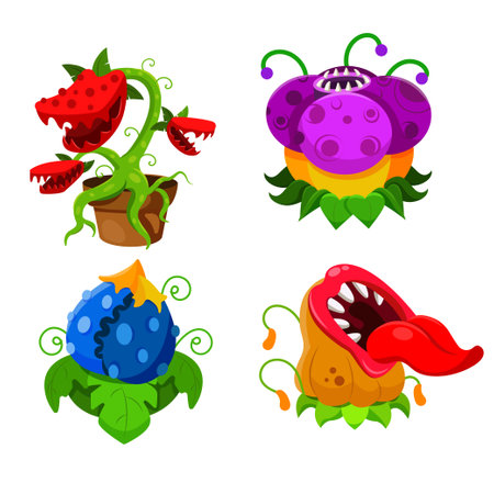 Set of bright plants - monsters in a cartoon style.Vector illustration of colored carnivorous flowers with green leaves, different types and sizes, in a pot and without,isolated on a white background.のイラスト素材