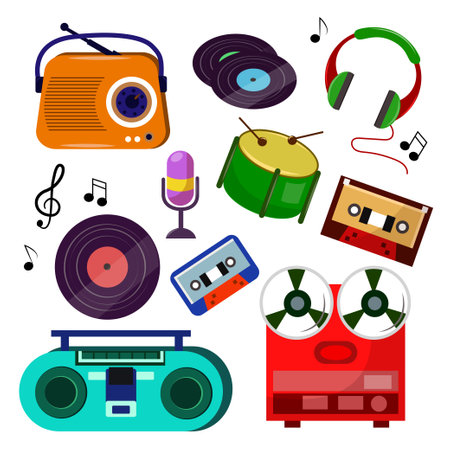 Set of musical equipment in cartoon style. Vector illustration of vintage musical objects: radio, gramophone records, headphones,microphone, drum, cassettes,boombox,notes isolated on white background.のイラスト素材