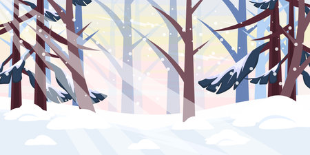 Vector illustration of a beautiful winter landscape. Cartoon scenes of a winter forest landscape with Christmas trees, tree trunks with branches, snowdrifts, snowflakes, rays of the sun, the sky.のイラスト素材