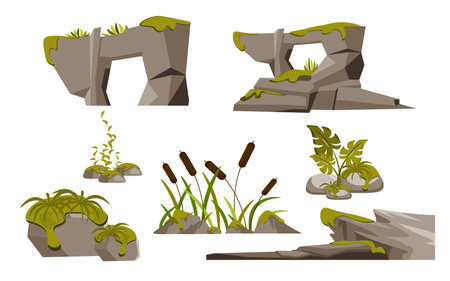 Set of beautiful rocks with plants in cartoon style. Vector illustration of various mountain, island rocks, slopes, stones with green grass, reeds, leaves, vines isolated on a white background.のイラスト素材
