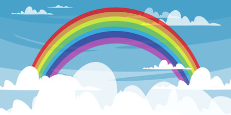 Vector illustration of a beautiful sky landscape. Cartoon scene of a beautiful landscape with blue sky, fluffy clouds of different sizes, colorful rainbow: red, orange, yellow, green, azure, blue and purple.のイラスト素材