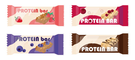 Set of beautiful protein bars in colorful wrappers, in cartoon style .Vector illustration of protein bars with various flavors:strawberry, cranberry,blueberry,chocolate isolated on a white background.のイラスト素材
