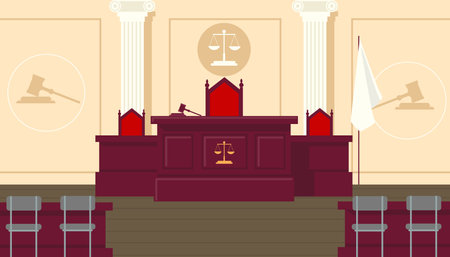 Vector illustration of a beautiful courtroom interior. Cartoon scene of empty courtroom with tribune, judge's table, red chairs, white antique columns, flag, scales, judge's gavel, witness chairs.のイラスト素材