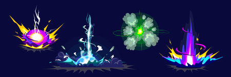 Set of beautiful strong explosions in cartoon style. Vector illustration of different types of bomb explosions, with fire, clouds of smoke, dust, bright center isolated on a dark blue background.のイラスト素材
