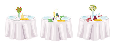 Set of reserved tables in cartoon style.Vector illustration of a table in a restaurant with tablecloths, bouquets of flowers, a bottle of wine, candles, plates, cutlery isolated on a white background.のイラスト素材