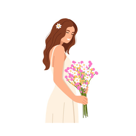 Vector illustration of a beautiful girl with a bouquet of flowers.Cartoon scene of a happy girl with a flower in her hair,a dress, holding a delicate bouquet of flowers isolated on a white background.のイラスト素材