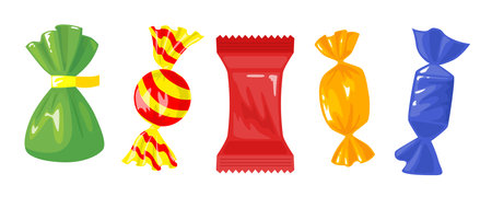 Set of sweet candies in wrappers in cartoon style.Vector illustration of caramels, chocolates of different shapes in bright wrappers: green, striped, red, orange, blue isolated on white background.のイラスト素材