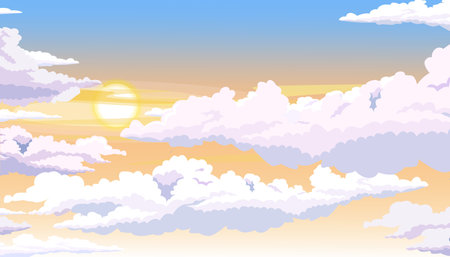 Vector illustration of a beautiful sky with cumulus clouds. Cartoon scene with bright sunset or sunrise, fluffy white clouds, sky of pastel shades. Blue, orange, yellow shades. Heaven. Sky landscape.のイラスト素材