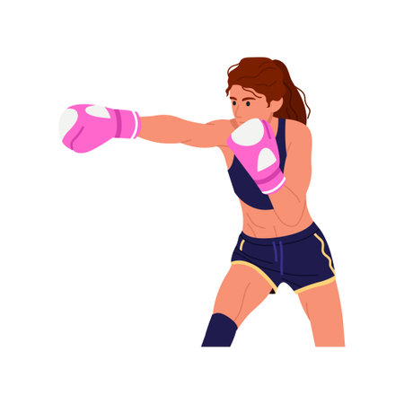 Vector illustration of a beautiful girl boxer.Cartoon scene of a girl dressed in a top and shorts, pink gloves, high knee socks, standing in a fighting stance, isolated on a white background.Champion.のイラスト素材