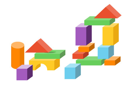 Set of childrens pyramids in cartoon style.Vector illustration of a colored constructor from geometric figures,cubes of different shapes and sizes isolated on white background. Educational game.のイラスト素材
