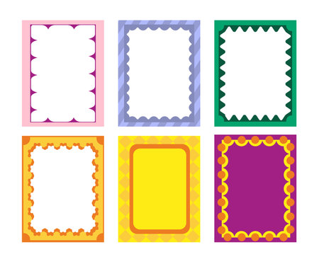 Set of beautiful photo frames in cartoon style. Vector illustration of colored rectangular vertical frames with different patterns, ornaments isolated on white background. Frames for text. Templates.のイラスト素材