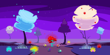 Vector illustration of beautiful fantasy alien landscape.Cartoon scene fairytale night landscape with magical glowing trees and curved trunks, branches, plants, flowers, grass, stones, road, starry sky.のイラスト素材