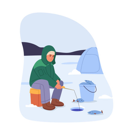 Vector illustration of winter fishing. Cartoon scene of a boy sitting on a lake covered with ice, wearing warm clothes, fishing in a shell, a bucket full of fish, isolated on a white background.のイラスト素材