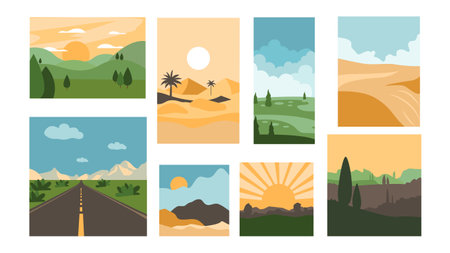 Set of posters with landscapes in cartoon style. Vector illustration of natural landscapes: sunset, sunrise, palm trees, desert, road, trees, bushes, mountains, sky, sun isolated on white background.のイラスト素材