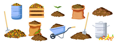 Set of compost in cartoon style. Vector illustrations: container, bags, sprouts in the ground,...