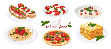 et Italian food in cartoon style. Vector illustration of delicious dishes: caprese salad, bruschetta, risotto, pasta, pizza, lasagna, isolated on white background. National dishes of Italian food.のイラスト素材