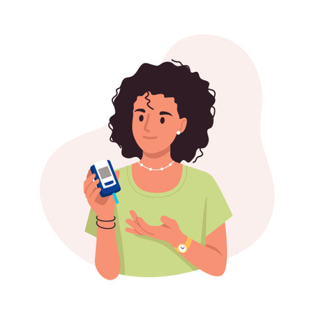 Vector illustration of measuring blood sugar level. Cartoon scene girl determines a sharp increase in sugar level with a glucometer isolated on white background. Taking blood from a finger. Diabetes.のイラスト素材