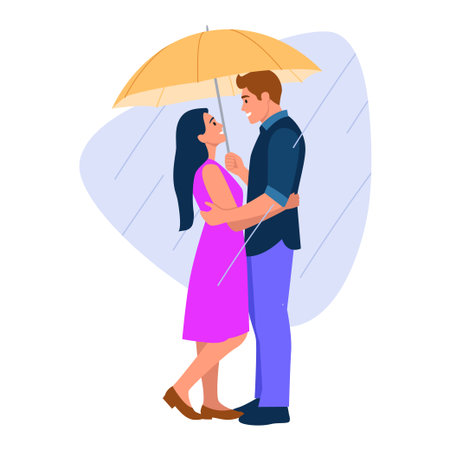 Vector illustration of a couple in love standing in the rain.Cartoon scene of a guy and a girl standing hugging,looking at each other, holding an umbrella from the rain isolated on a white background.のイラスト素材
