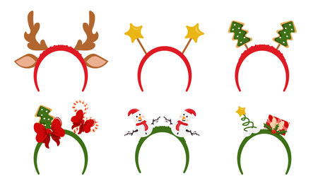 Set of New Years hair hoops in cartoon style. Vector illustration of Christmas headbands: deer antlers, ears, stars, fir trees, bows, candy canes, snowmen, gift, holly isolated on white background.のイラスト素材