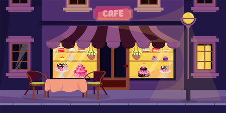 Vector illustration of a beautiful cafe exterior in the evening.Cartoon scene of a city street with a pastry cafe, shop windows, pastries, candies, muffins, pieces of cakes, table,chairs,street lamps.のイラスト素材
