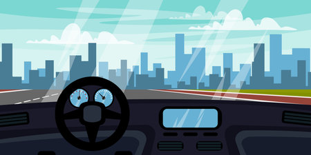 Vector illustration of a beautiful view of the city from inside a car.Cartoon scene inside a car, steering wheel, glass, modern buildings of various shapes, sizes, asphalt, road, sky with white clouds.のイラスト素材