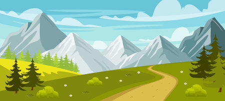 Vector illustration of calm mountain landscape. Cartoon scenes of mountains of different sizes, trails, green slopes, hills, fir trees, bushes, white flowers, grass, sky, clouds. Beauty of nature.のイラスト素材