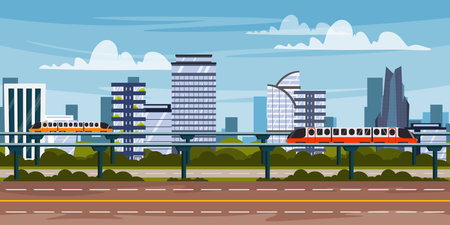 Vector illustration of a beautiful cityscape with high-speed trains. Cartoon scene futuristic multi-storey buildings, offices, bridges with modern trains, highway, trees, bushes, sky with clouds.のイラスト素材