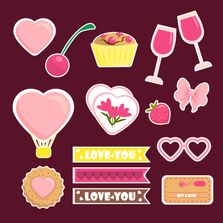 Set of stickers for Valentines Day in cartoon style. Vector illustration: hearts, cherry, cake, glasses, hot air balloon, strawberry, bow, glasses, cookies, bookmarks isolated on burgundy background.のイラスト素材