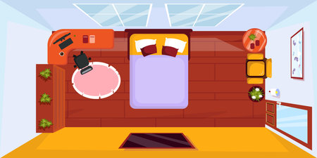 Vector illustration of a top view of a bedroom. Cartoon scene of a comfortable room with a bed, a desk with a computer, a keyboard, a carpet, an armchair, a coffee table, houseplants, a picture, a TV.のイラスト素材