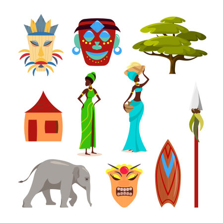 Set of African symbols in cartoon style. Vector illustration of tribal: tiki masks, acacia tree, hut, girls in traditional clothes, jewelry, elephant, shield, spear isolated on white background.のイラスト素材