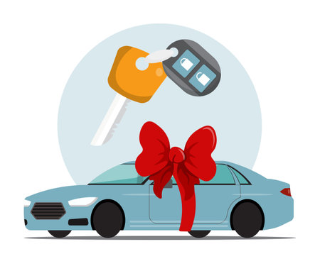 Vector illustration of buying a car, getting car keys. Cartoon scene of a beautiful new modern car tied with a big red bow, keys for opening and starting the car isolated on a white background.のイラスト素材
