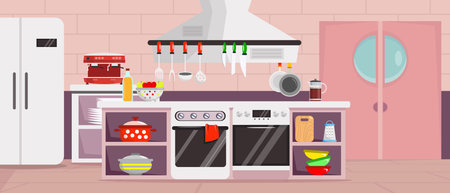 Vector illustration of restaurant kitchen. Cartoon scene of kitchen equipment: tables, gas stoves, refrigerator, hood, coffee maker, dishes: plates, pans, pots, forks, spoons, knives, board, grater.のイラスト素材
