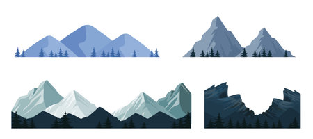 Set of beautiful mountains in cartoon style. Vector illustration of mountains of different sizes and shapes: low, medium, high, rounded, spired isolated on white background. Mountain systems.のイラスト素材
