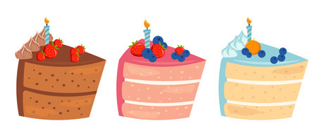 Set of festive cake pieces with candles in cartoon style. Vector illustration of sweet cakes of different flavors, toppings, strawberries, blueberries, whipped cream isolated on white background.のイラスト素材