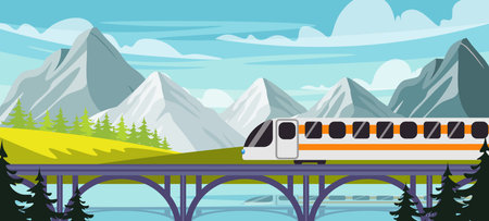 Vector illustration of a beautiful landscape with a railway train on a bridge. Cartoon scene high-speed modern train rides on bridge among picturesque landscape, hills, mountains, fir trees, sky.のイラスト素材