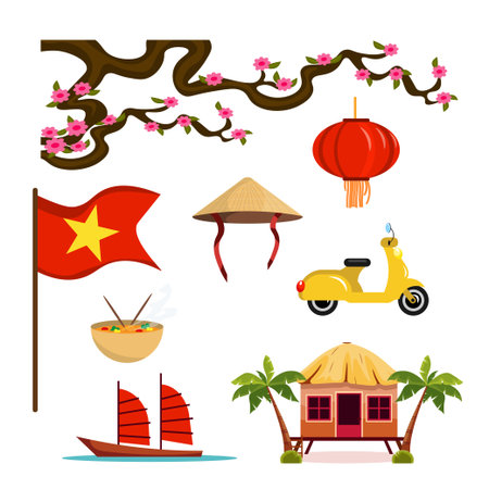 Set of Vietnamese culture symbols in cartoon style. Vector illustration:sakura branch, Vietnam flag, hat, hanging lantern, soup, scooter, boat, beach hut with palm trees isolated on white background.のイラスト素材