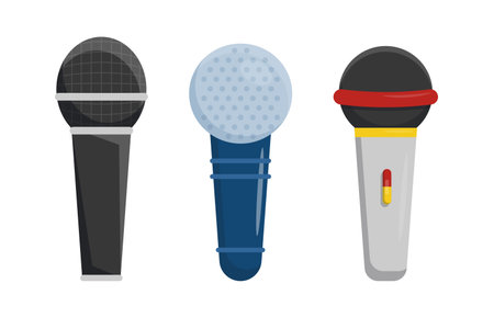 Set of wireless microphones in cartoon style. Vector illustration of microphones for concert, speaking activity is isolated on white background. Sound devices for amplification, sound recording.のイラスト素材