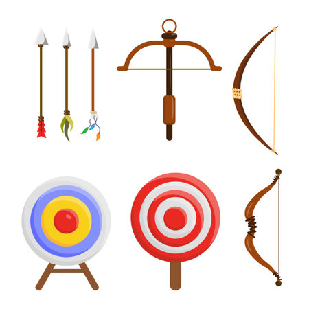 Set of various archery equipment in cartoon style. Vector illustration: circular targets, arrows, bows, arcs stretched with strings, crossbow isolated on white background. Combat, throwing type of weapon.のイラスト素材