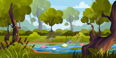 Vector illustration of an amazing sunny landscape with a river. Cartoon scene view with a river, water lilies, stones, reeds, trees with vines, flowers, bushes, grass, plants, sky, clouds, sun rays.のイラスト素材