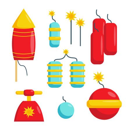Set of bright pyrotechnics in cartoon style. Vector illustration of sparklers, firecrackers, rocket fireworks, bombs with lights, sparks isolated on white background. Entertainment explosives.のイラスト素材