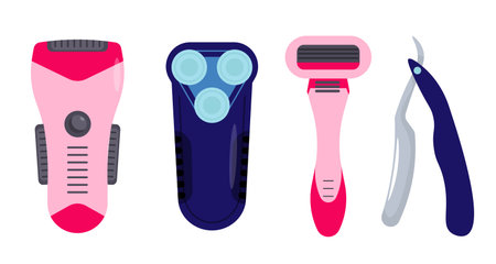 Set of different sharp razors in cartoon style. Vector illustration of pink and blue razors: razors with blades, electric razors, trimmers isolated on white background. Men's and women's razors.のイラスト素材