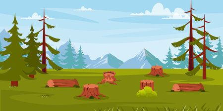 Vector illustration of a beautiful forest landscape with a clearing of stumps.Cartoon scene: sunny view of fir trees, stumps, tree trunks with grass, moss, bush, mountains, blue sky with white clouds.のイラスト素材