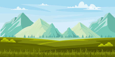 Vector illustration of a picturesque mountain landscape. Cartoon scene, beautiful mountains of different heights, small fir trees, rivers, green valleys, bushes, grass, blue sky, white clouds.のイラスト素材