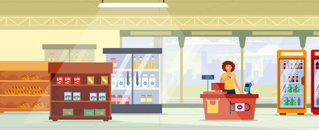 Vector illustration of a supermarket interior. Cartoon scene inside a retail building with vending machines, shelves of various goods, a female cashier standing behind the cash register, windows.のイラスト素材