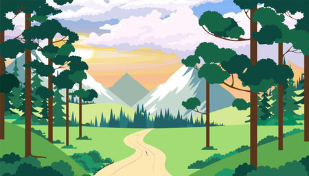 Vector illustration of a beautiful mountain landscape with coniferous trees.Cartoon scene of high mountains, winding road, green slopes, bushes, fir trees, coniferous trees, grass, sun, fluffy clouds.のイラスト素材
