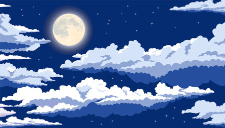 Vector illustration of an incredible night sky. Cartoon scene of a beautiful night dark sky with fluffy clouds, stars of different sizes, a large shining full moon isolated on a dark blue background.のイラスト素材