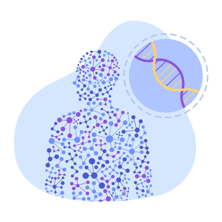 Vector illustration of DNA molecule with genetic code.Cartoon scene of human figure consisting of molecules, DNA of two strands, double helix, nucleotides, isolated on white background. Biotechnology.のイラスト素材